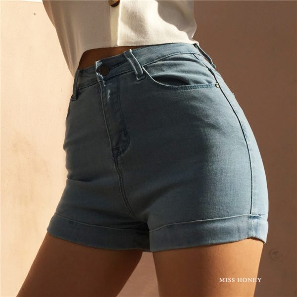 High-Waisted Distressed Denim Shorts - Vintage-Inspired Stretchy Slim-Fit with Rolled Hem - Classic American Style