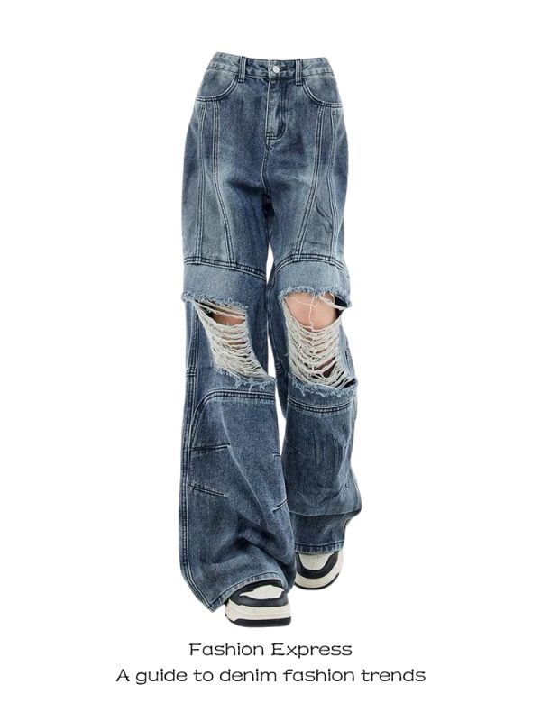 High-Waisted Distressed Ripped Jeans for Women - Vintage Post-Apocalyptic Style, Floor-Length, Autumn & Winter Fashion