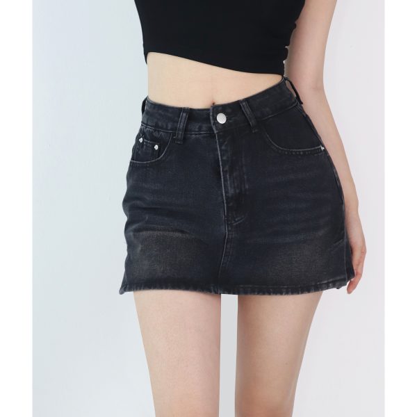 High-Waisted Double-Slit A-Line Denim Skirt for Women - Retro European American Style, Long Leg Design, Anti-Exposure Fashion