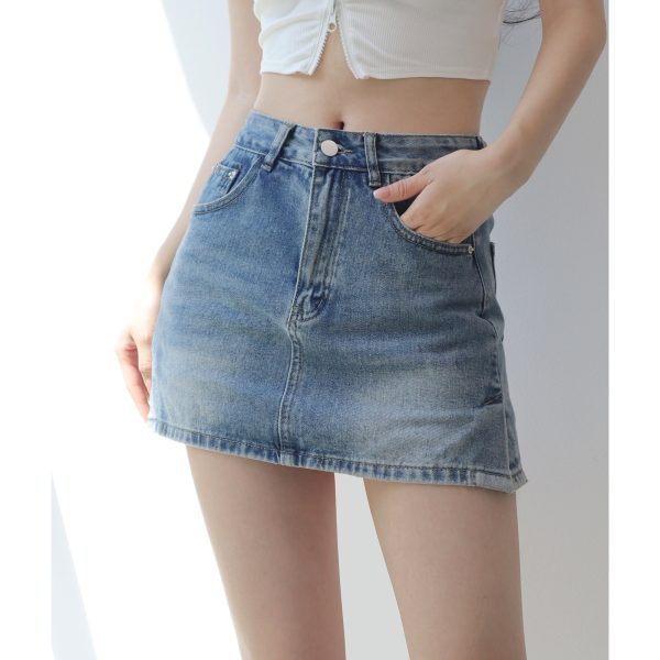 High-Waisted Double-Slit A-Line Denim Skirt for Women - Retro European American Style, Long Leg Design, Anti-Exposure Fashion
