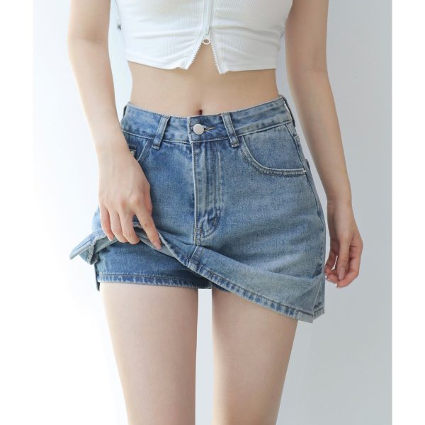 High-Waisted Double-Slit A-Line Denim Skirt for Women - Retro European American Style, Long Leg Design, Anti-Exposure Fashion