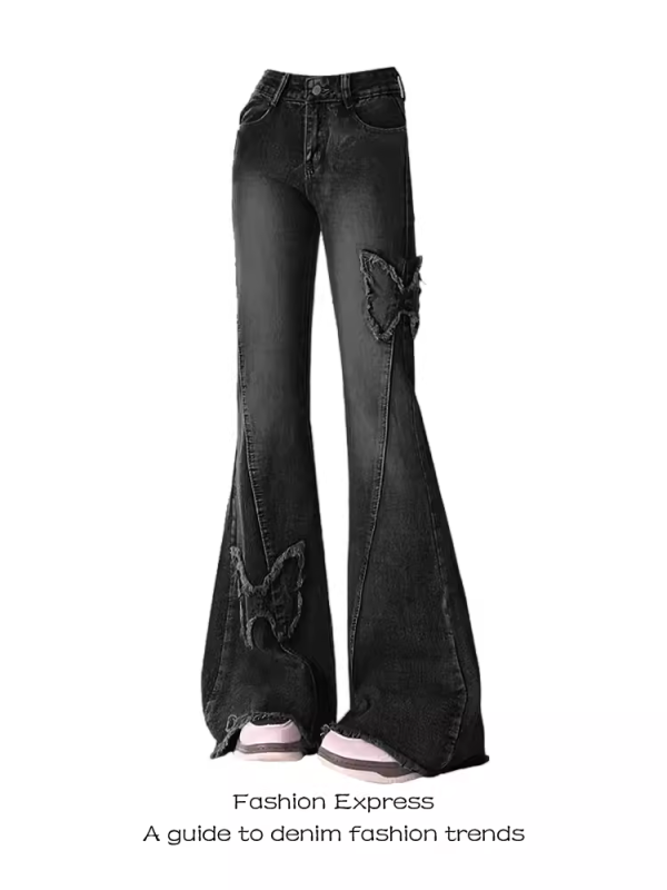 High-Waisted Flared Jeans for Women with Butterfly Embroidery | Vintage Style | 2025 Spring Autumn Fashion | Floor-Length