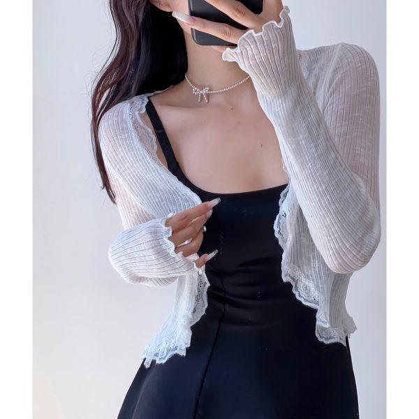 High-Waisted Lace Trim Cardigan for Women - Sensual Summer Sun Protection Top - Lightweight Airy Style for Fresh 90s Y2K Vibes