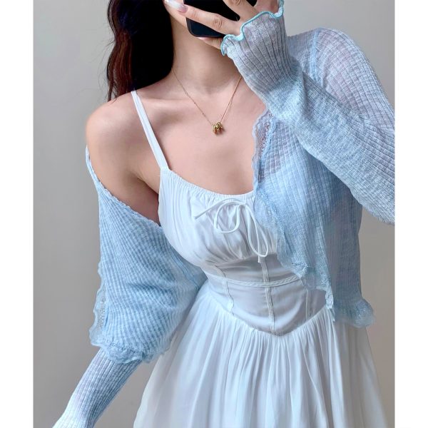 High-Waisted Lace Trim Cardigan for Women - Sensual Summer Sun Protection Top - Lightweight Airy Style for Fresh 90s Y2K Vibes