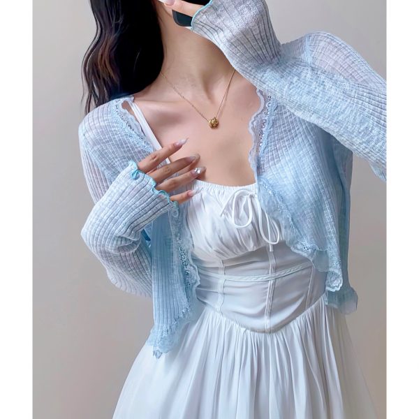 High-Waisted Lace Trim Cardigan for Women - Sensual Summer Sun Protection Top - Lightweight Airy Style for Fresh 90s Y2K Vibes