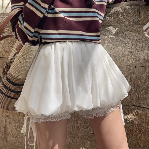 High-Waisted Lace Trim Tie White Bud Skirt with Safety Pants - DIY Spring/Summer Half Skirt, Short Skirt, 90s Inspired Fashion