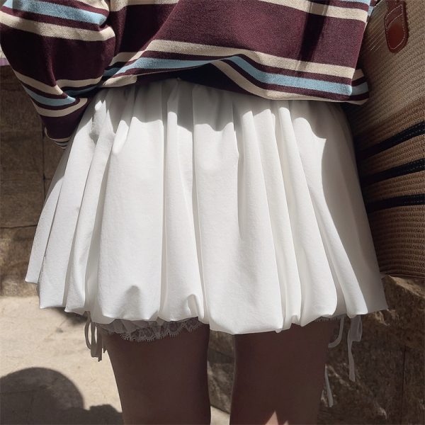 High-Waisted Lace Trim Tie White Bud Skirt with Safety Pants - DIY Spring/Summer Half Skirt, Short Skirt, 90s Inspired Fashion