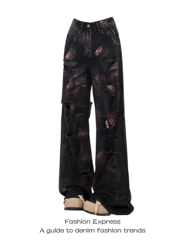High-Waisted Loose Fit Ripped Jeans for Women - American Retro Wasteland Style Ink Splash Wide-Leg Floor-Length Pants