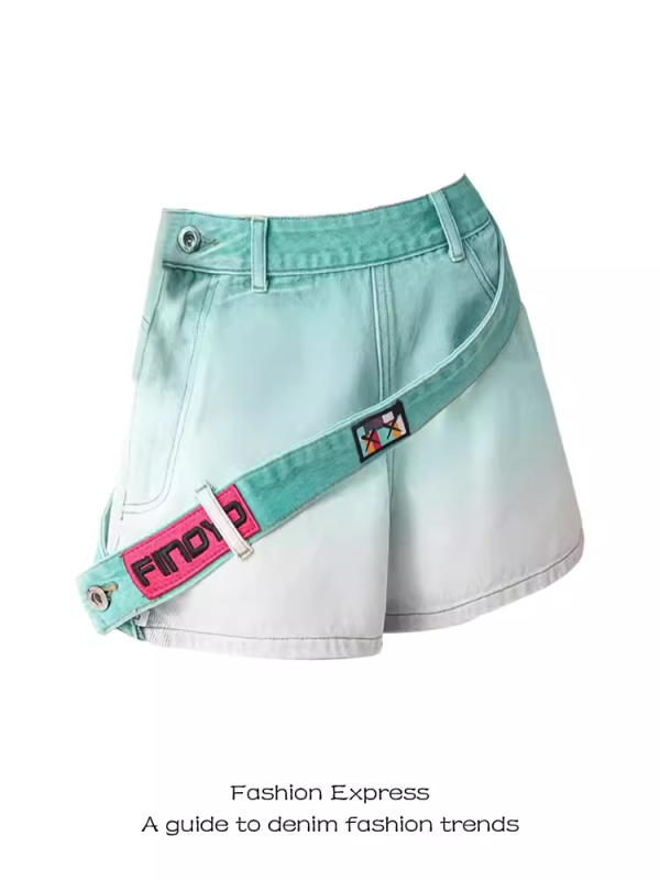 High-Waisted Pink Gradient Denim Shorts for Women - Side Zipper, Loose Wide-Leg Style for Autumn and Winter Fashion
