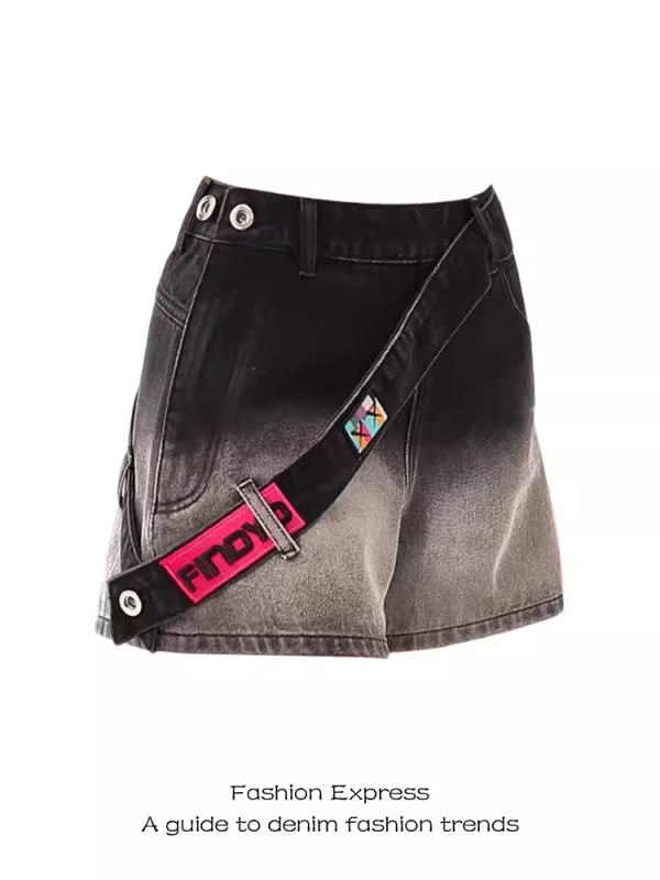 High-Waisted Pink Gradient Denim Shorts for Women - Side Zipper, Loose Wide-Leg Style for Autumn and Winter Fashion