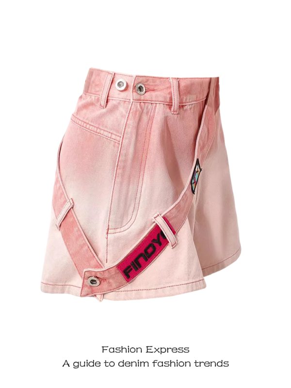 High-Waisted Pink Gradient Denim Shorts for Women - Side Zipper, Loose Wide-Leg Style for Autumn and Winter Fashion