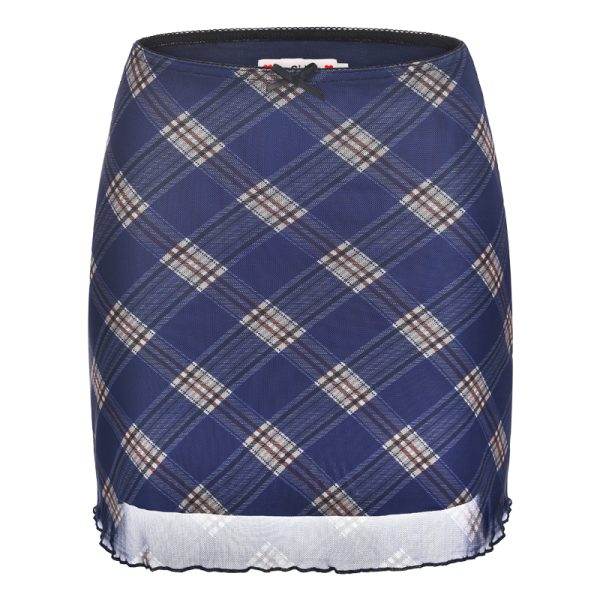 High-Waisted Plaid Mesh Bodycon Mini Skirt for Women - Vintage 90s Style Slimming Design