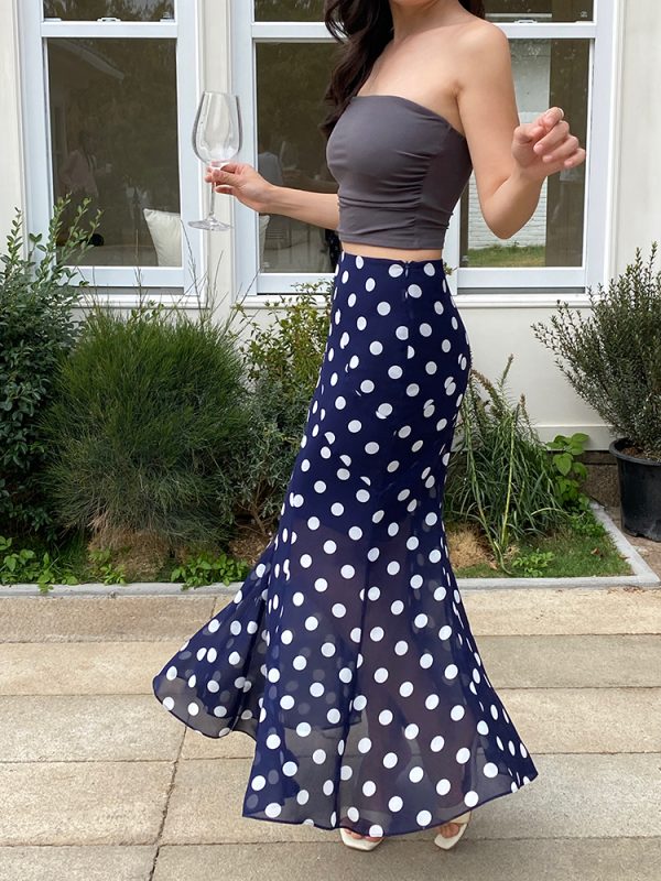High-Waisted Polka Dot Irregular Vintage Long Skirt with Fish Tail Design - Slimming Asymmetrical Style