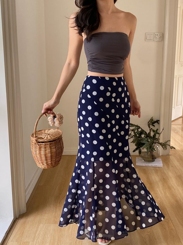 High-Waisted Polka Dot Irregular Vintage Long Skirt with Fish Tail Design - Slimming Asymmetrical Style
