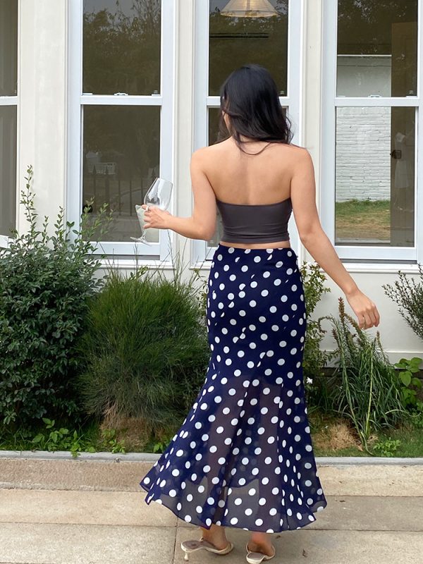 High-Waisted Polka Dot Irregular Vintage Long Skirt with Fish Tail Design - Slimming Asymmetrical Style