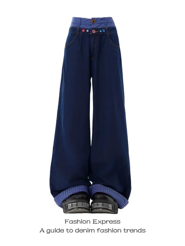 High-Waisted Retro Double-Waist Spliced Denim Pants for Women - Straight-Leg Wide-Leg Style for Autumn/Winter 2025