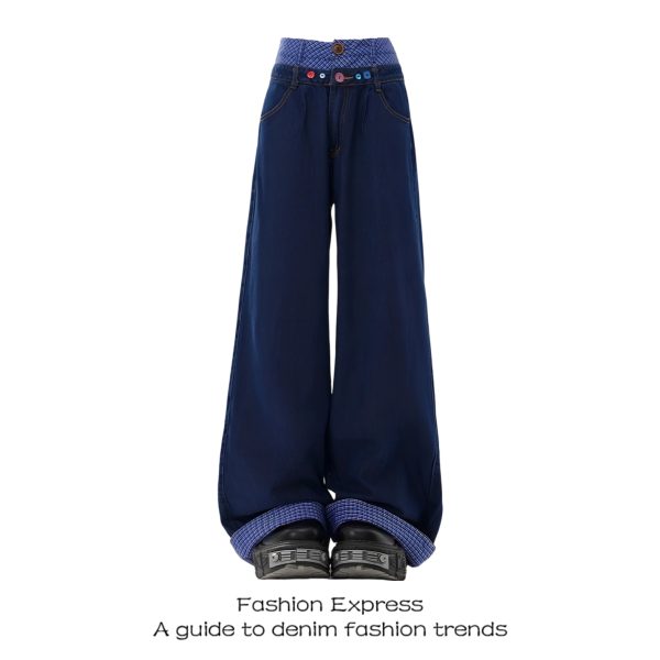 High-Waisted Retro Double-Waist Spliced Denim Pants for Women - Straight-Leg Wide-Leg Style for Autumn/Winter 2025