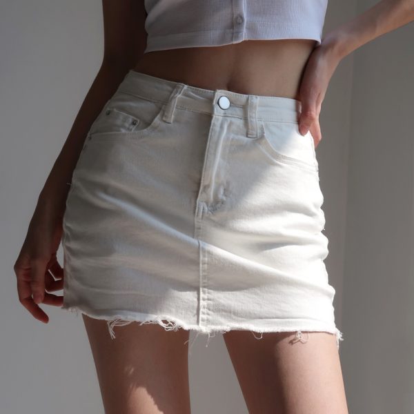 High-Waisted Ripped Denim Mini Skirt & White Bodycon Pencil Skirt - Sexy Slim Fit, Anti-Exposure, 90s Inspired Fashion