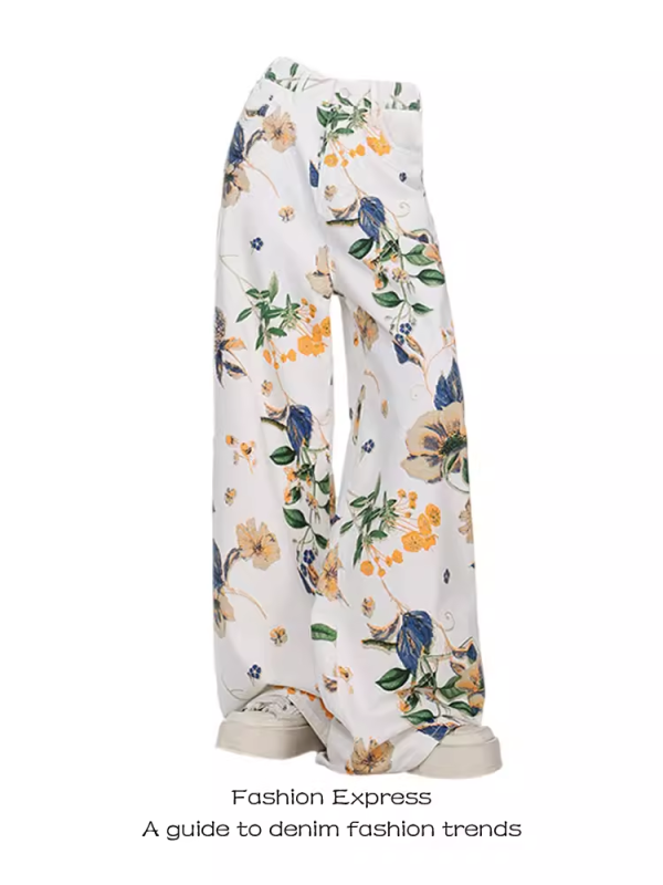 High-Waisted Ripped Jeans for Women - Floral Print, Loose Fit, Floor-Length, Autumn 2025 Trend, Y2K Style