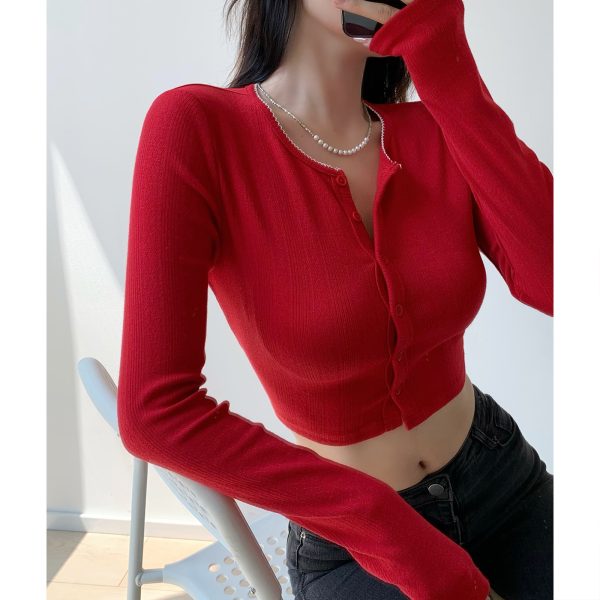 High-Waisted Slim Fit Knitted Cardigan - American Vintage Style, Long Sleeve, Single-Breasted, 90s Inspired Fashion Top