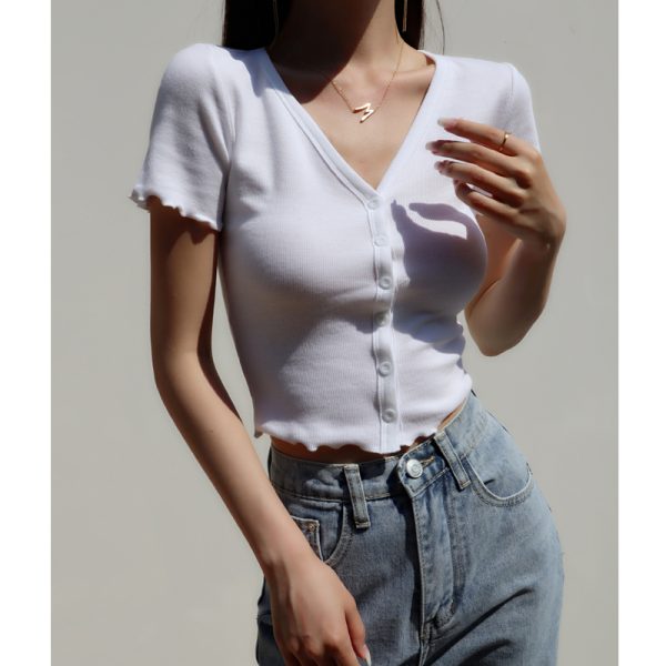 High-Waisted Slim Fit V-Neck Ruffled Edge Button-Up Short Sleeve T-Shirt Cardigan for Women â€“ American Style Fashion Essential