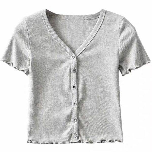High-Waisted Slim Fit V-Neck Ruffled Edge Button-Up Short Sleeve T-Shirt Cardigan for Women â€“ American Style Fashion Essential