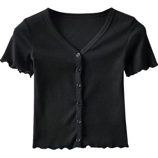 High-Waisted Slim Fit V-Neck Ruffled Edge Button-Up Short Sleeve T-Shirt Cardigan for Women â€“ American Style Fashion Essential