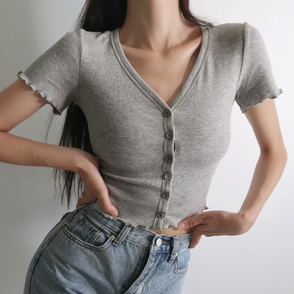 High-Waisted Slim Fit V-Neck Ruffled Edge Button-Up Short Sleeve T-Shirt Cardigan for Women â€“ American Style Fashion Essential