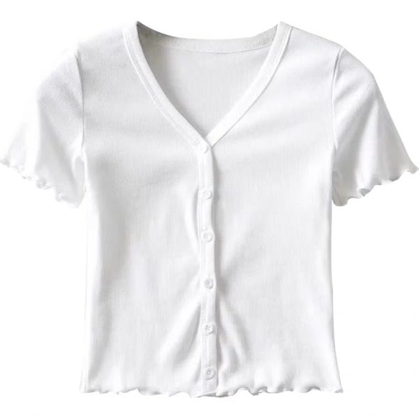 High-Waisted Slim Fit V-Neck Ruffled Edge Button-Up Short Sleeve T-Shirt Cardigan for Women â€“ American Style Fashion Essential