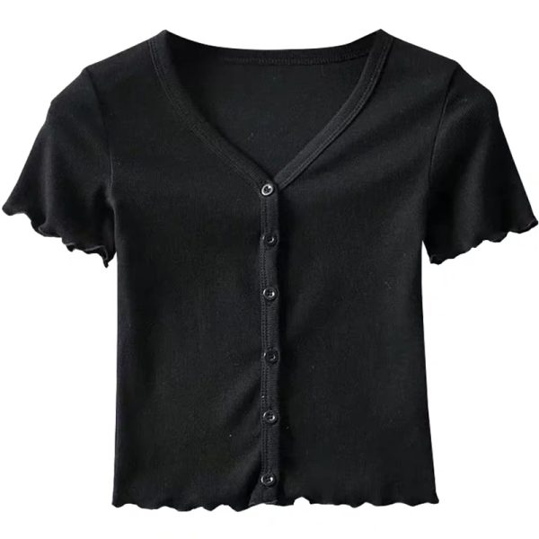 High-Waisted Slim Fit V-Neck Ruffled Edge Button-Up Short Sleeve T-Shirt Cardigan for Women â€“ American Style Fashion Essential