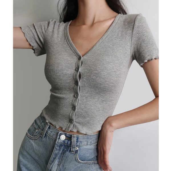 High-Waisted Slim Fit V-Neck Ruffled Edge Button-Up Short Sleeve T-Shirt Cardigan for Women â€“ American Style Fashion Essential