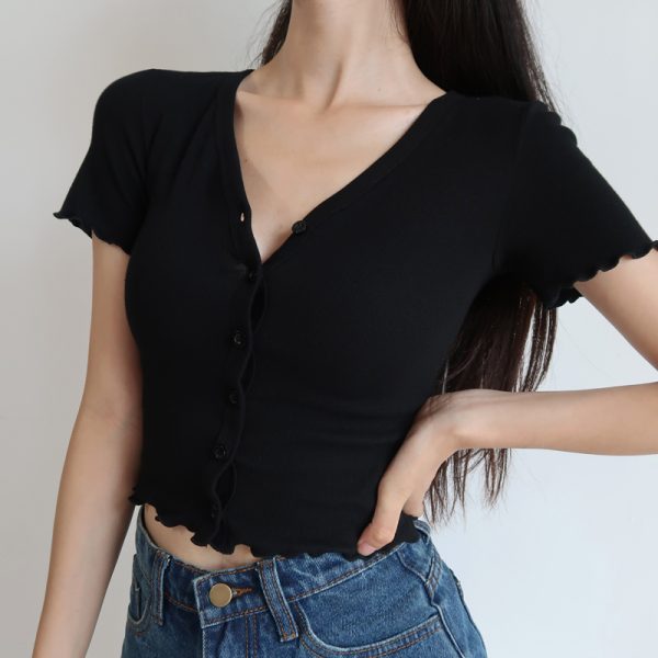 High-Waisted Slim Fit V-Neck Ruffled Edge Button-Up Short Sleeve T-Shirt Cardigan for Women â€“ American Style Fashion Essential