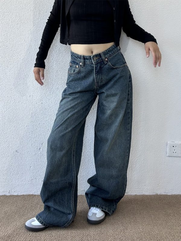 High-Waisted Slim Straight Loose Floor-Length Pants for Petite Women - Trendy Spring High Street Jeans