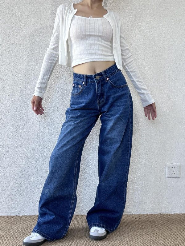 High-Waisted Slim Straight Loose Floor-Length Pants for Petite Women - Trendy Spring High Street Jeans