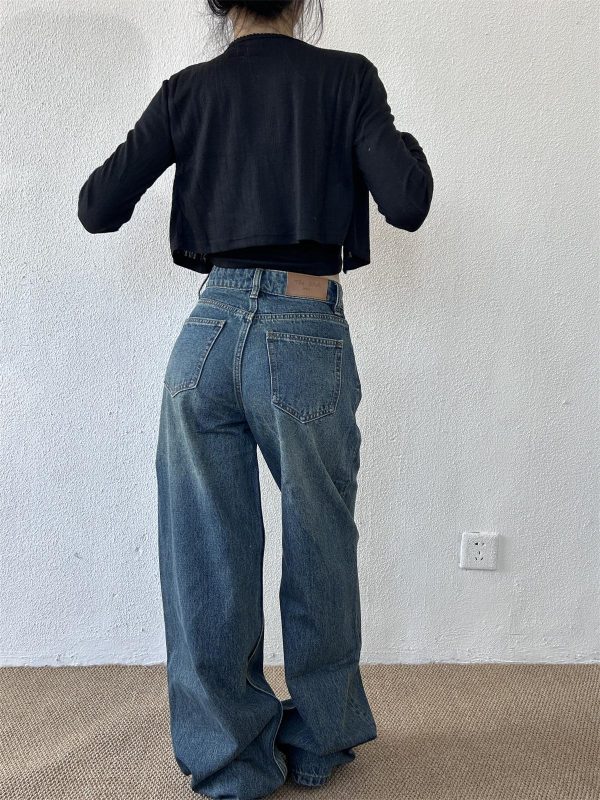 High-Waisted Slim Straight Loose Floor-Length Pants for Petite Women - Trendy Spring High Street Jeans