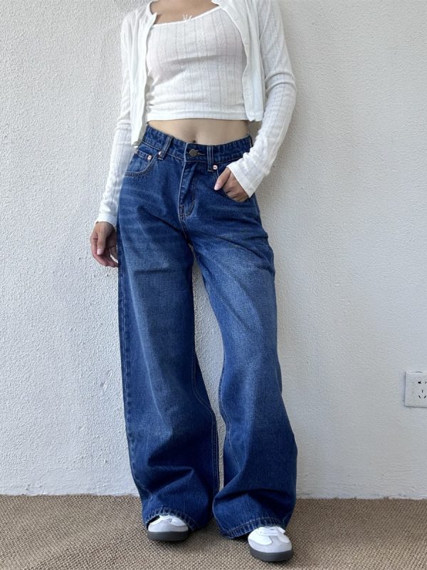 High-Waisted Slim Straight Loose Floor-Length Pants for Petite Women - Trendy Spring High Street Jeans