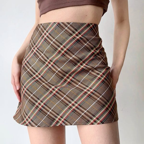 High-Waisted Slimming Plaid A-Line Mini Skirt - Vintage American Style Bodycon Skirt for Women, Perfect for 90s & Y2K Fashion