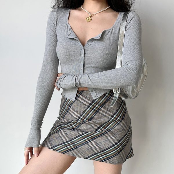 High-Waisted Slimming Plaid A-Line Mini Skirt - Vintage American Style Bodycon Skirt for Women, Perfect for 90s & Y2K Fashion