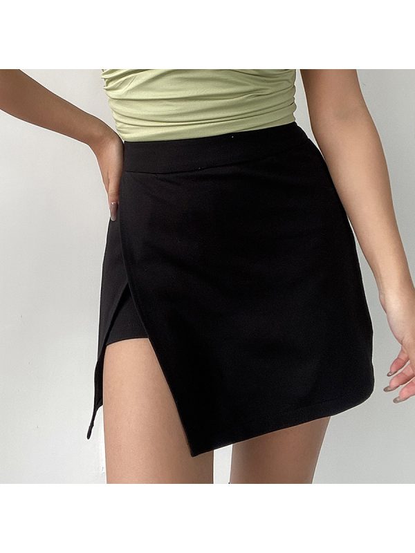 High-Waisted Solid Color Side-Slit Mini Skirt with Safety Shorts - Sexy European & American Style Fashion for Effortless Chic