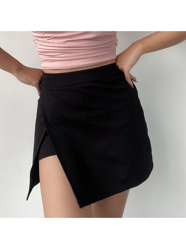 High-Waisted Solid Color Side-Slit Mini Skirt with Safety Shorts - Sexy European & American Style Fashion for Effortless Chic