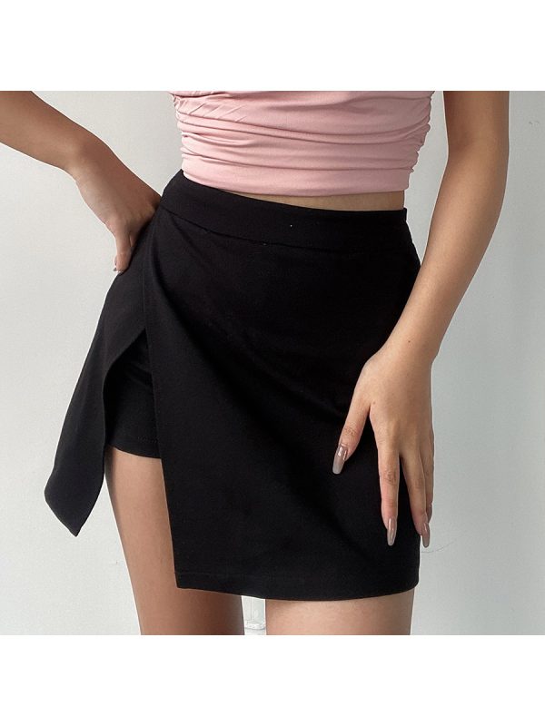 High-Waisted Solid Color Side-Slit Mini Skirt with Safety Shorts - Sexy European & American Style Fashion for Effortless Chic