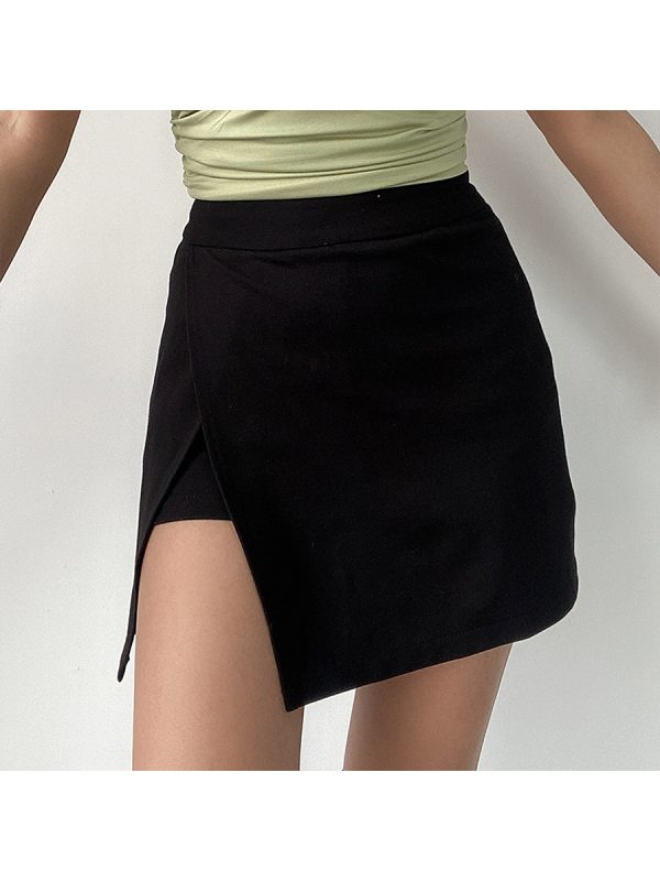 High-Waisted Solid Color Side-Slit Mini Skirt with Safety Shorts - Sexy European & American Style Fashion for Effortless Chic