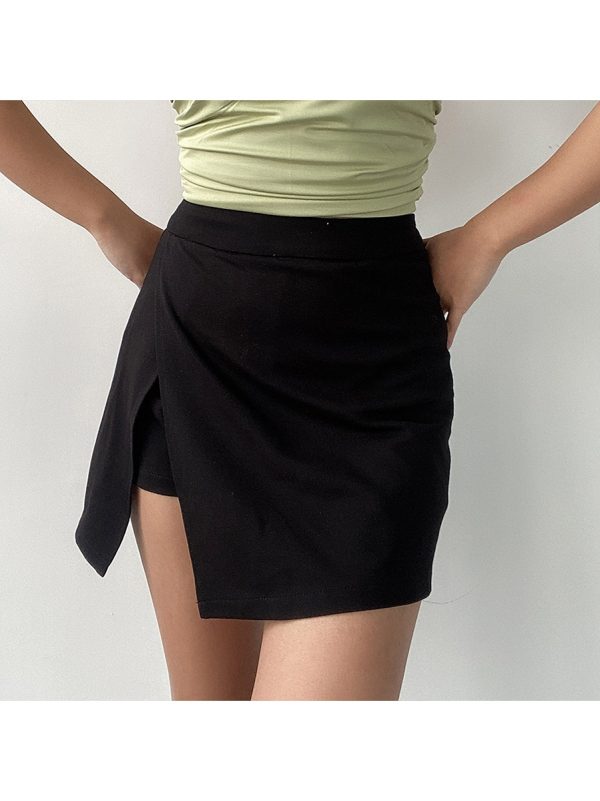 High-Waisted Solid Color Side-Slit Mini Skirt with Safety Shorts - Sexy European & American Style Fashion for Effortless Chic
