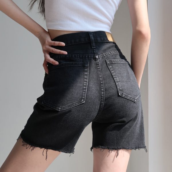 High-Waisted Vintage Distressed Denim Shorts for Women - Slimming Stretchy 5-Inch Frayed Design, Versatile Casual Style