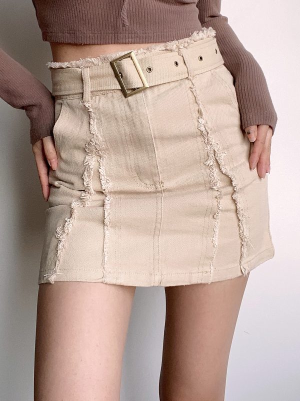 High-Waisted Vintage Frayed Denim Skirt with Pockets - Sexy A-Line Mini Skirt for Y2K and European Style Fashion