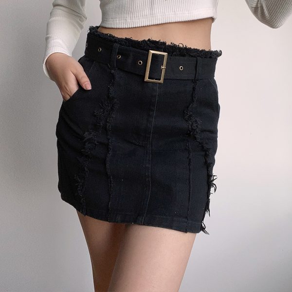 High-Waisted Vintage Frayed Denim Skirt with Pockets - Sexy A-Line Mini Skirt for Y2K and European Style Fashion
