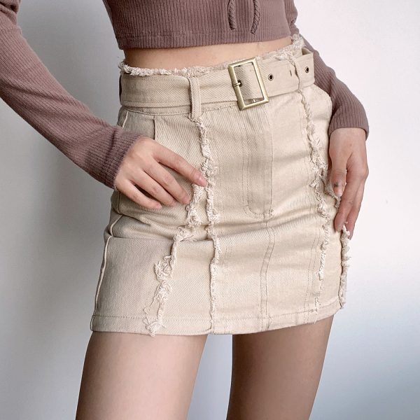 High-Waisted Vintage Frayed Denim Skirt with Pockets - Sexy A-Line Mini Skirt for Y2K and European Style Fashion
