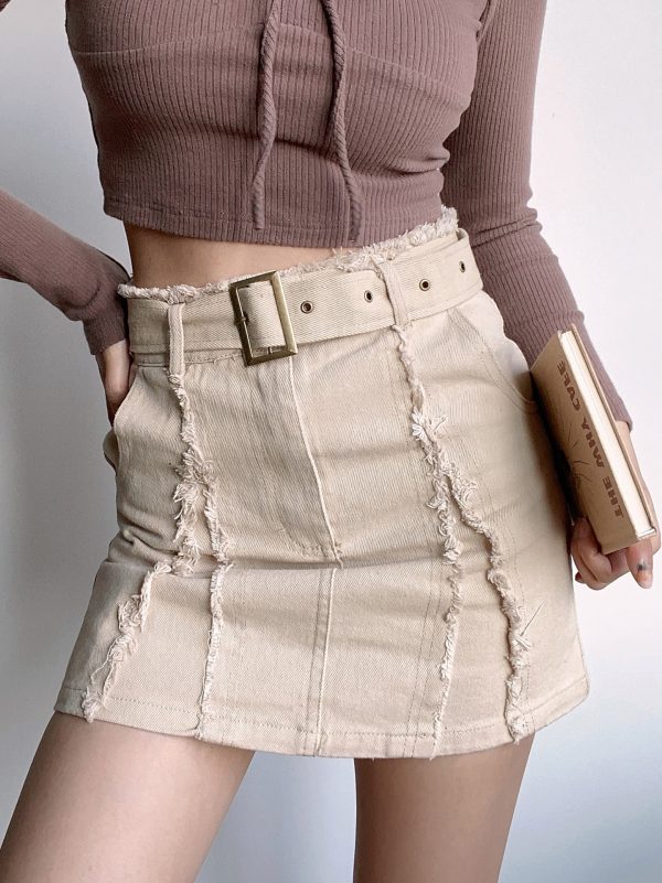 High-Waisted Vintage Frayed Denim Skirt with Pockets - Sexy A-Line Mini Skirt for Y2K and European Style Fashion