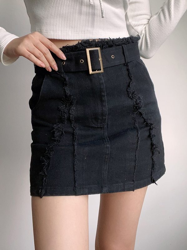 High-Waisted Vintage Frayed Denim Skirt with Pockets - Sexy A-Line Mini Skirt for Y2K and European Style Fashion