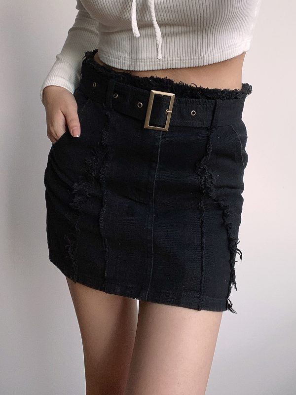 High-Waisted Vintage Frayed Denim Skirt with Pockets - Sexy A-Line Mini Skirt for Y2K and European Style Fashion